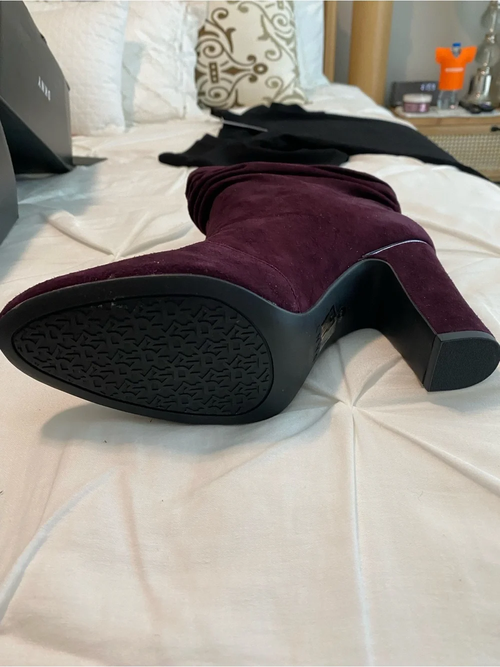 DKNY Plum Suede Ruched Ankle Boots